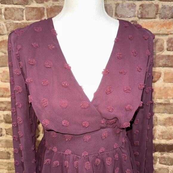 Speechless Dress Burgundy Size 7 Y2K Vibe Swiss Polka Dot Sheer sleeves Ruffles - Picture 3 of 12